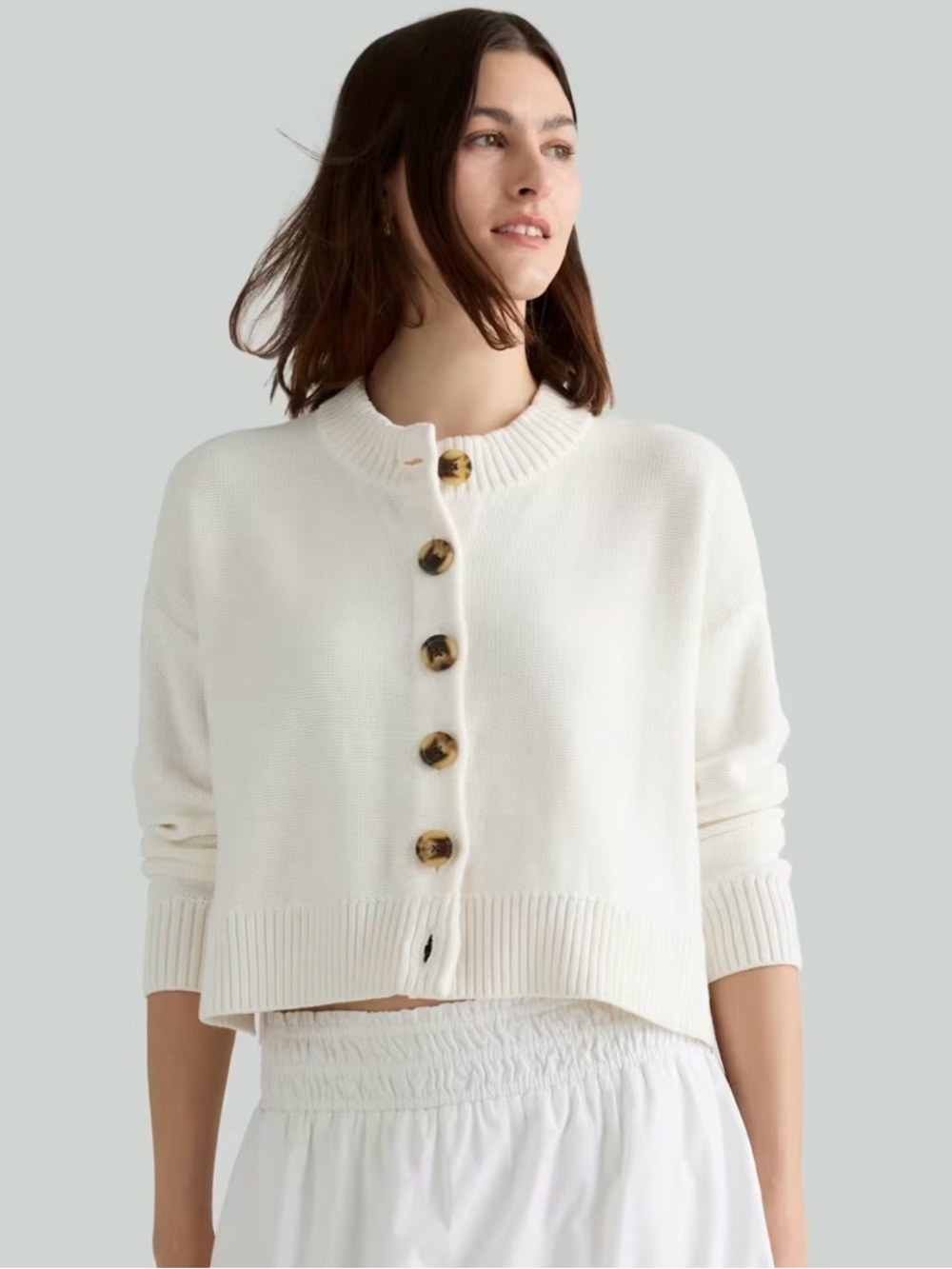 Quince Cardigan Sweater Organic Cotton Cropped white ivory Large